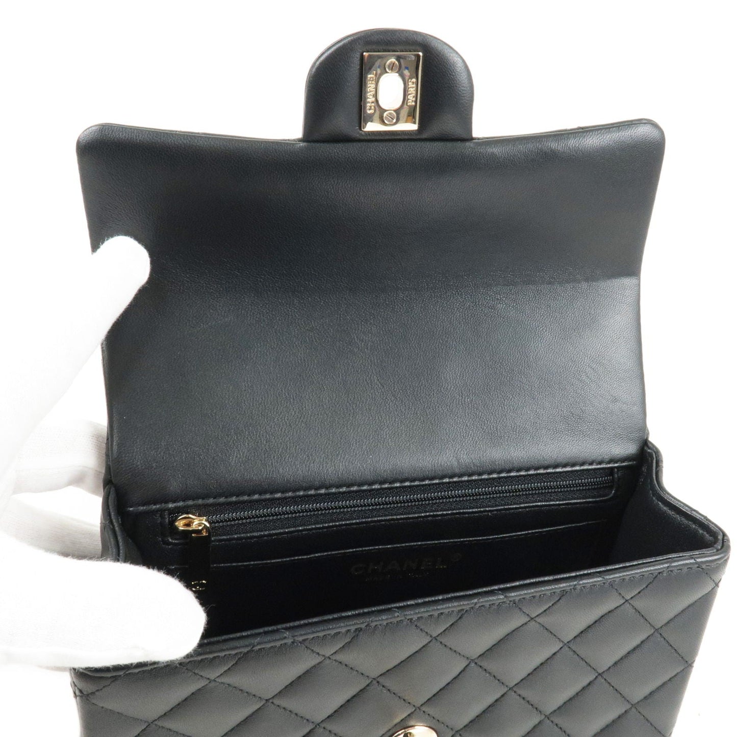 CHANEL Matelasse Lamb Skin Top Handle Mini Flap 2way Bag Black