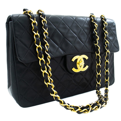 CHANEL Classic Large 13" Flap Chain Shoulder Bag Black Lambskin j71
