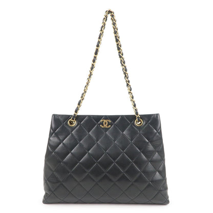 CHANEL Matelasse Lamb Skin Chain Tote Bag Black Gold HDW