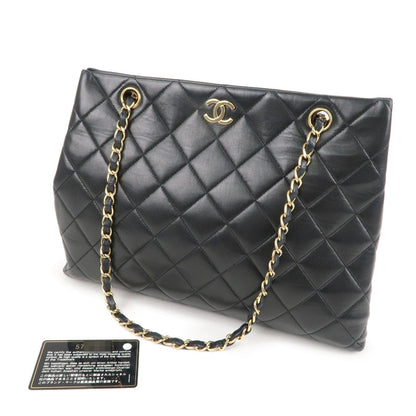 CHANEL Matelasse Lamb Skin Chain Tote Bag Black Gold HDW