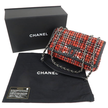 CHANEL CC Filigree Tweed Leather Shoulder Bag Red Black A93340