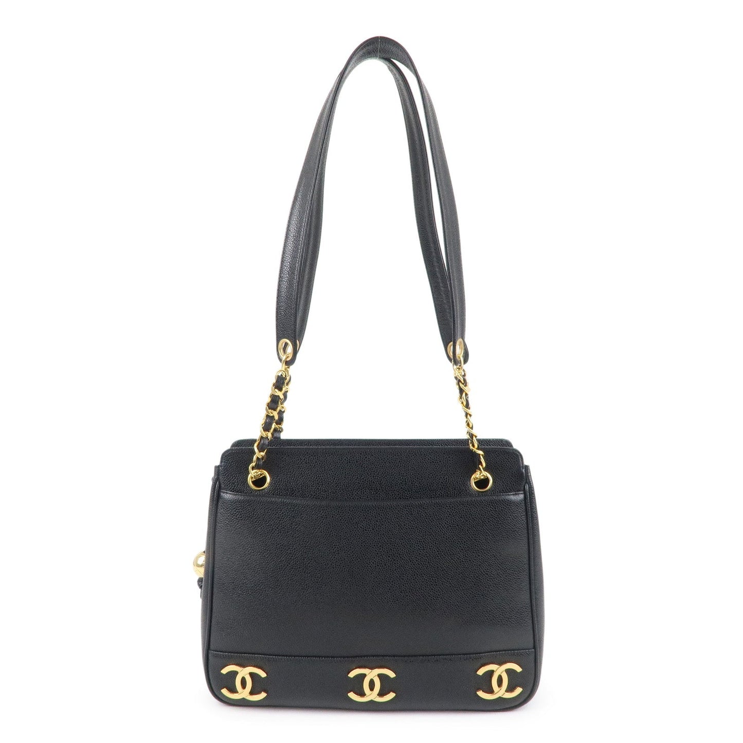 CHANEL Triple Coco Chain Caviar Skin Chain Tote Bag Black A03675
