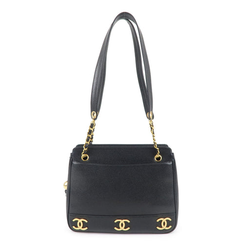 CHANEL Triple Coco Chain Caviar Skin Chain Tote Bag Black A03675