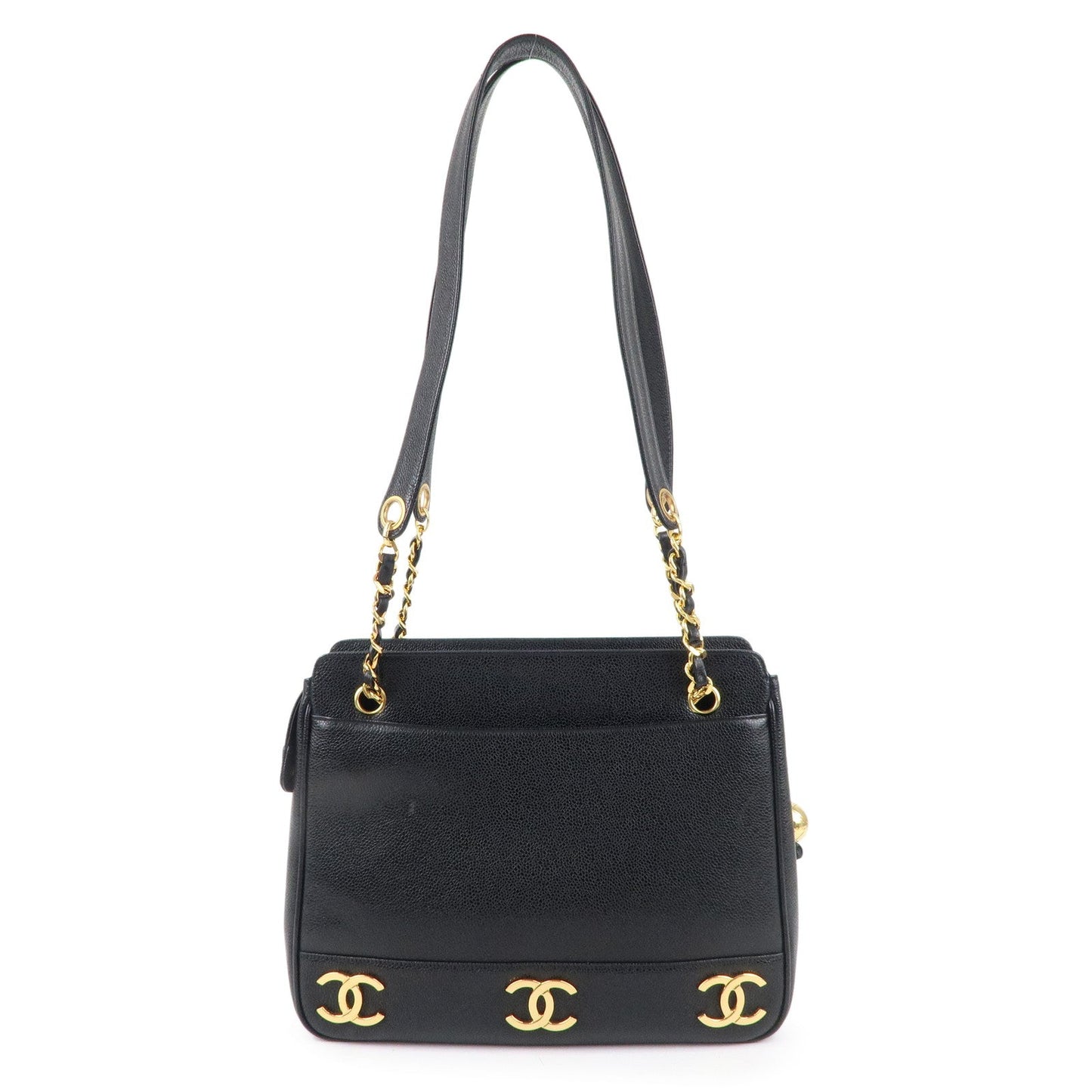 CHANEL Triple Coco Chain Caviar Skin Chain Tote Bag Black A03675