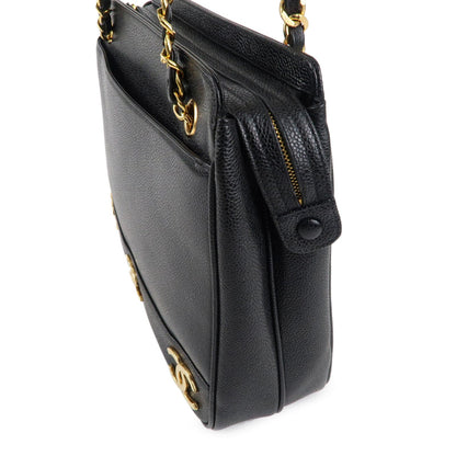 CHANEL Triple Coco Chain Caviar Skin Chain Tote Bag Black A03675
