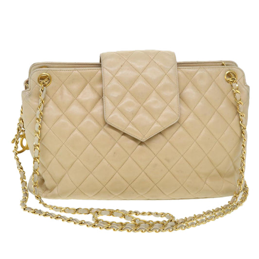 CHANEL Chain Shoulder Bag Lamb Skin Beige CC 38451