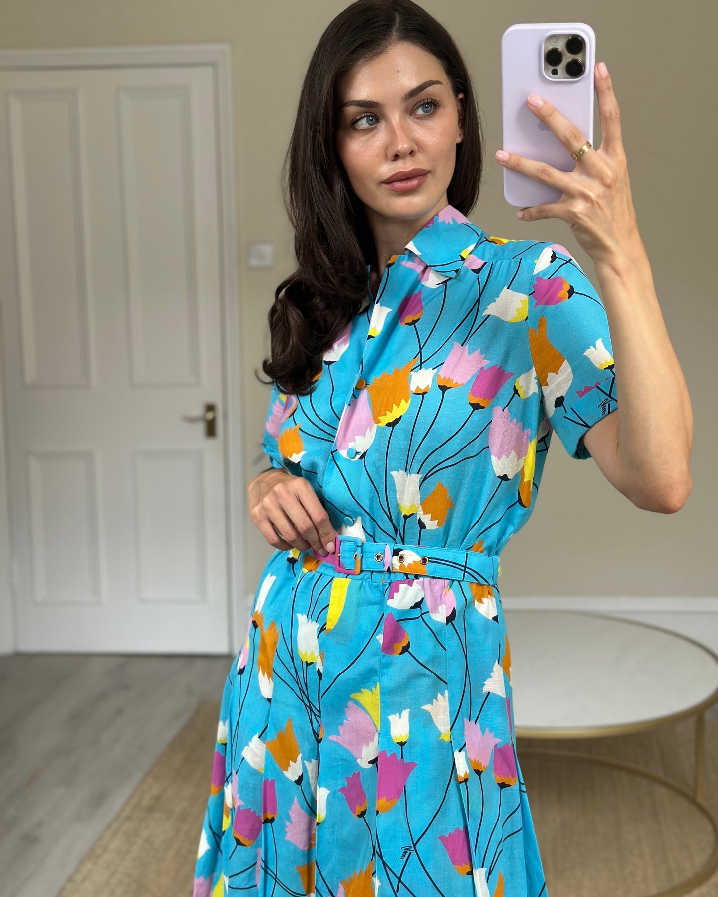 Gucci Blue Floral Linen Blend Belted Midi Dress Size IT 40 (UK 8)
