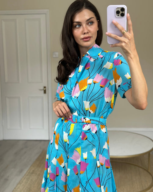 Gucci Blue Floral Linen Blend Belted Midi Dress Size IT 40 (UK 8)