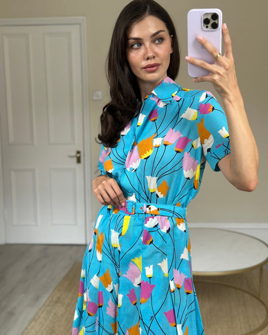 Gucci Blue Floral Linen Blend Belted Midi Dress Size IT 40 (UK 8)