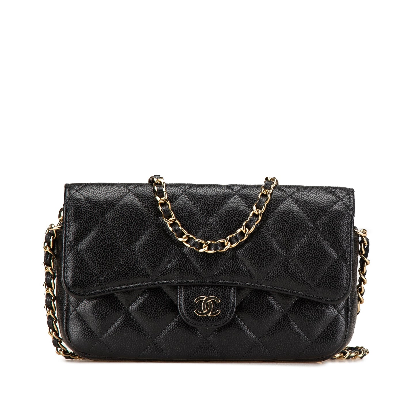 Black Chanel Caviar Quilted Phone Holder Wallet on Chain Crossbody Bag