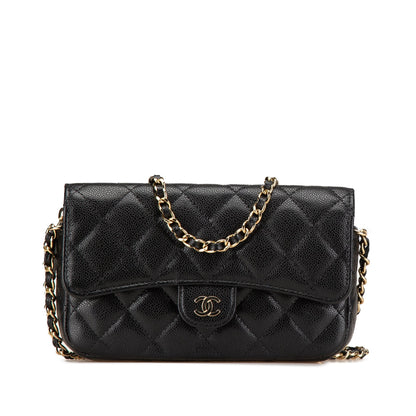 Black Chanel Caviar Quilted Phone Holder Wallet on Chain Crossbody Bag