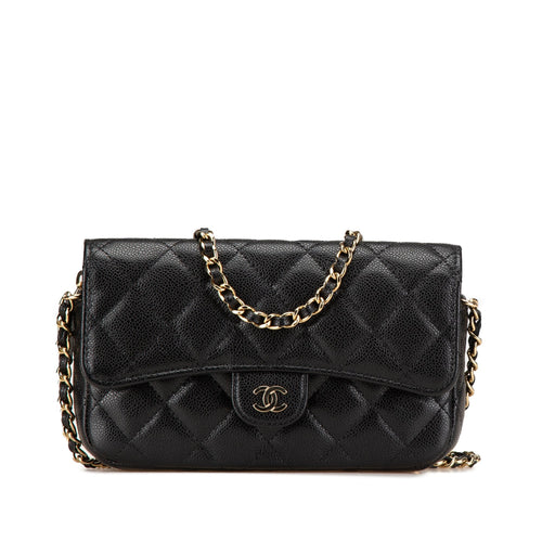 Black Chanel Caviar Quilted Phone Holder Wallet on Chain Crossbody Bag
