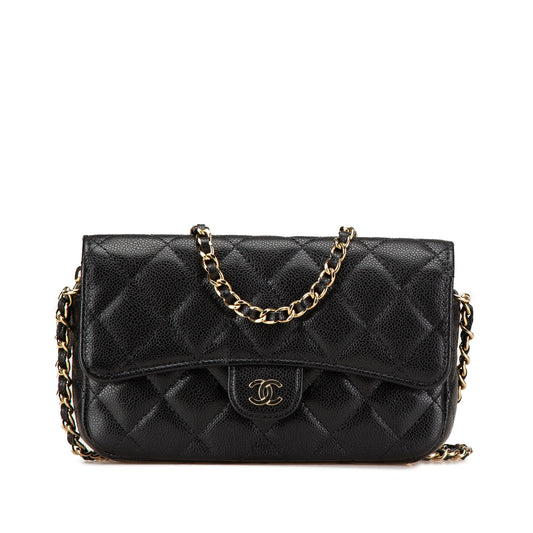 Black Chanel Caviar Quilted Phone Holder Wallet on Chain Crossbody Bag