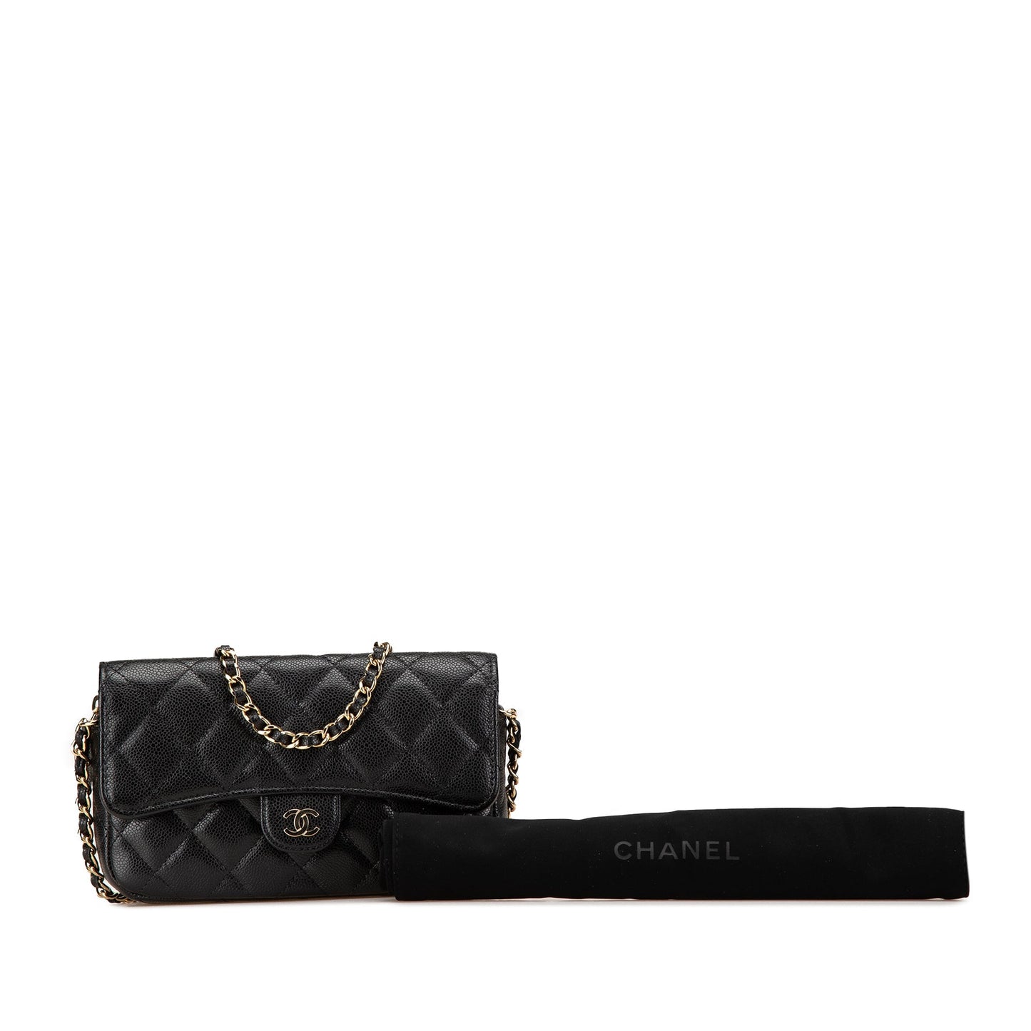 Black Chanel Caviar Quilted Phone Holder Wallet on Chain Crossbody Bag
