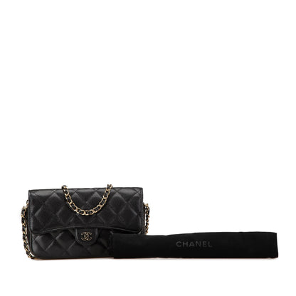 Black Chanel Caviar Quilted Phone Holder Wallet on Chain Crossbody Bag