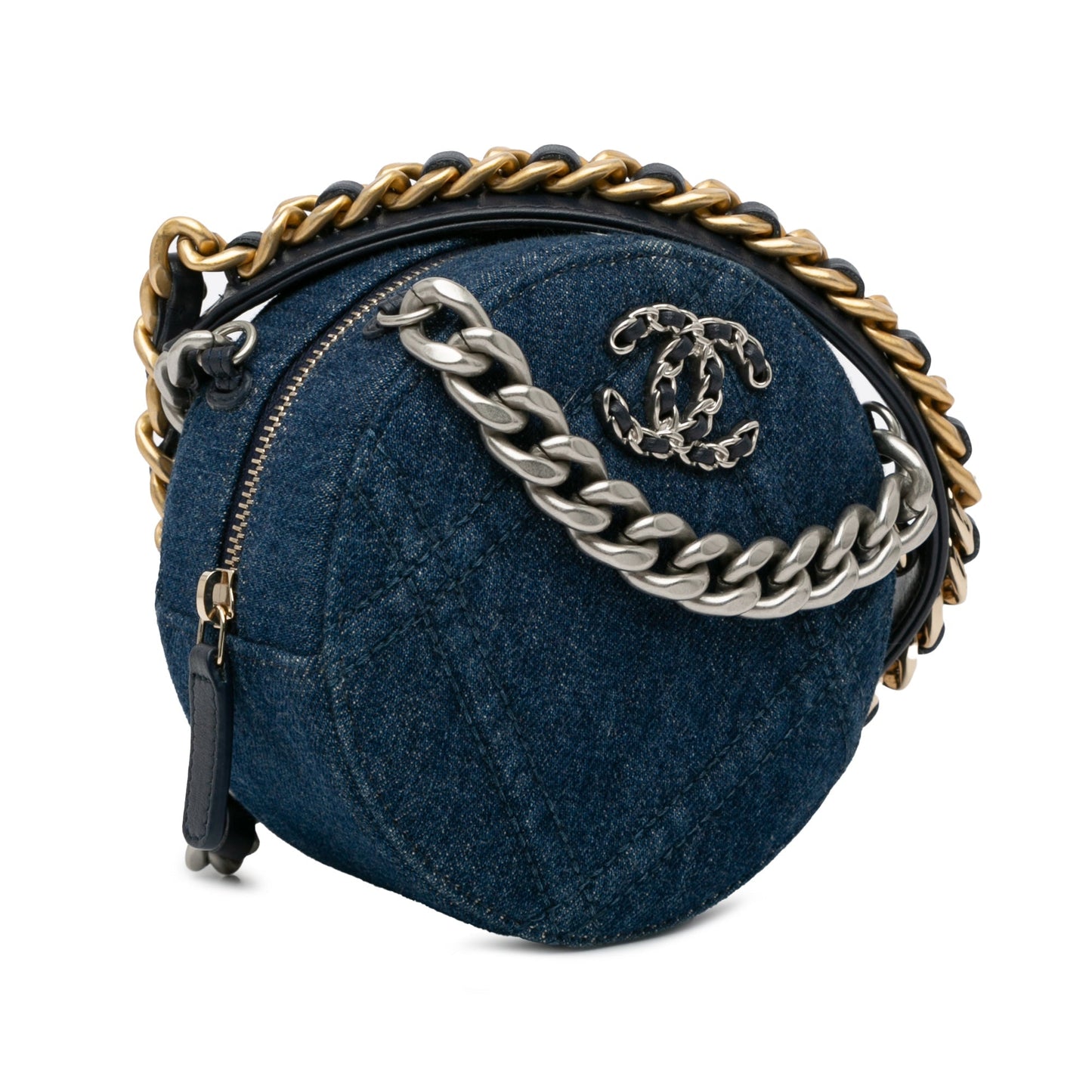 Blue Chanel Denim 19 Round Clutch with Chain Satchel