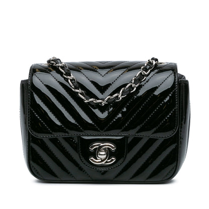 Black Chanel Mini Square Classic Patent Chevron Flap Crossbody Bag