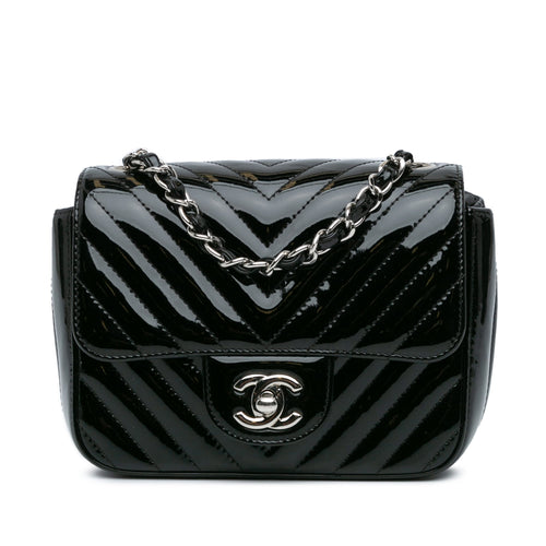 Black Chanel Mini Square Classic Patent Chevron Flap Crossbody Bag