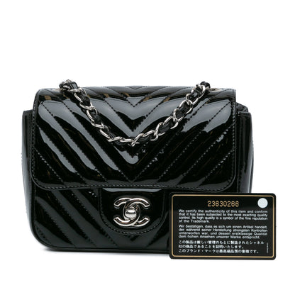 Black Chanel Mini Square Classic Patent Chevron Flap Crossbody Bag