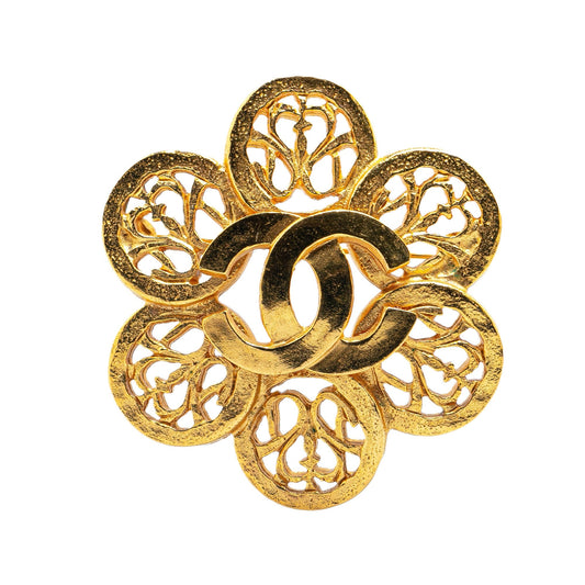 Gold Chanel Gold Plated CC Flower Brooch