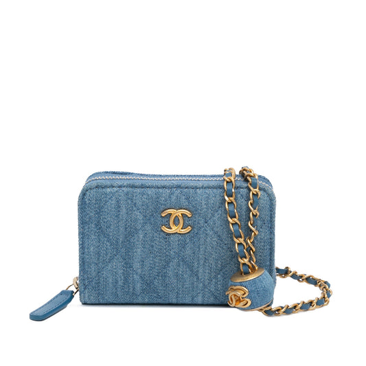 Chanel Sac Mini Denim Pearl Crush Card Holder On Chain