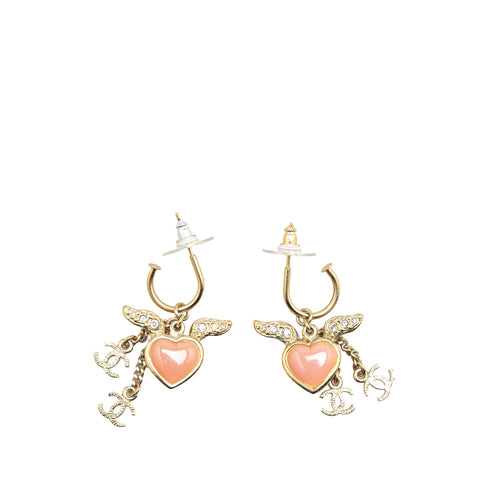 Gold Chanel Gold Plated Heart Crystal Wings Hoop Push Back Earrings