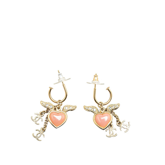 Gold Chanel Gold Plated Heart Crystal Wings Hoop Push Back Earrings