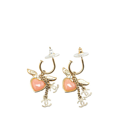 Gold Chanel Gold Plated Heart Crystal Wings Hoop Push Back Earrings