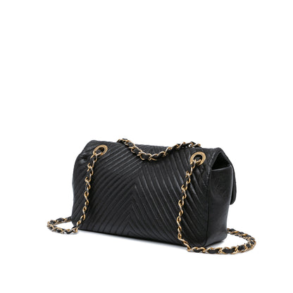 Black Chanel Small Chevron Wrinkled Lambskin Medallion Charm Surpique Flap Shoulder Bag