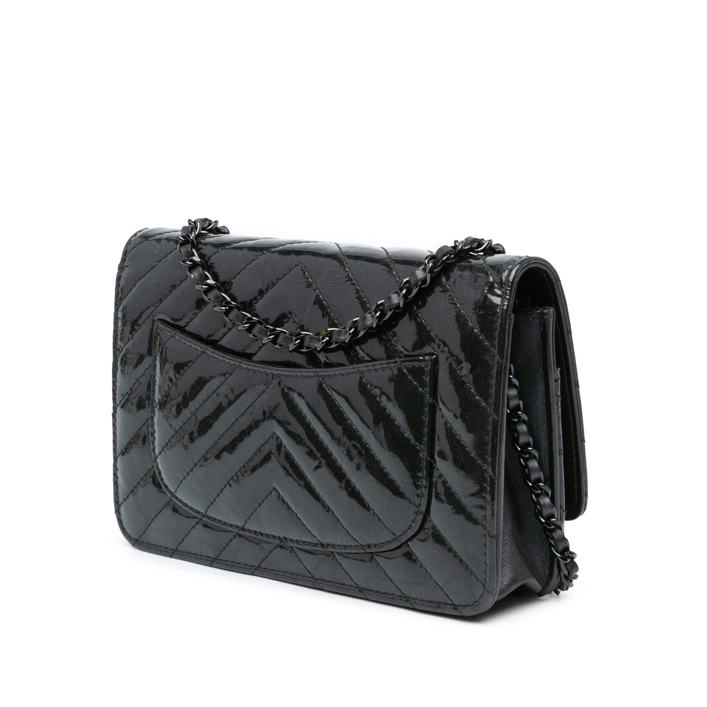 Black Chanel CC Chevron Quilted Crumpled Calfskin Wallet On Chain Crossbody Bag
