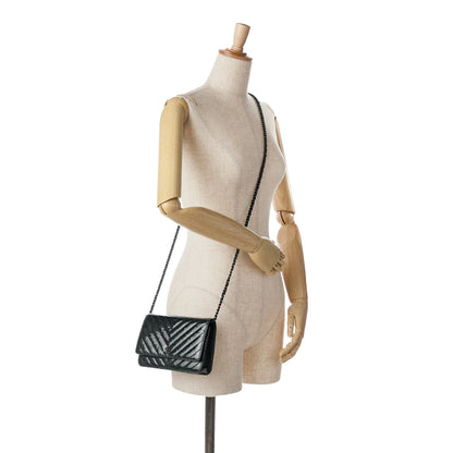 Black Chanel CC Chevron Quilted Crumpled Calfskin Wallet On Chain Crossbody Bag