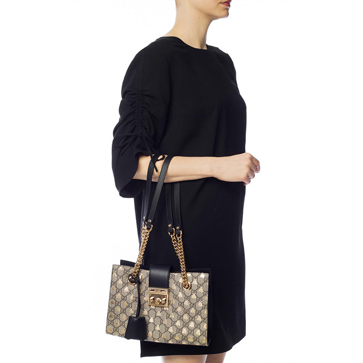 (WMNS) Gucci Padlock Metallic Bee Printing Logo Canvas Chain handbag Small / Black Classic 498156-9F26G-8319