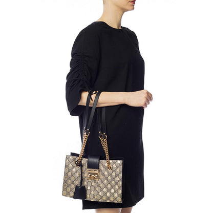 (WMNS) Gucci Padlock Metallic Bee Printing Logo Canvas Chain handbag Small / Black Classic 498156-9F26G-8319