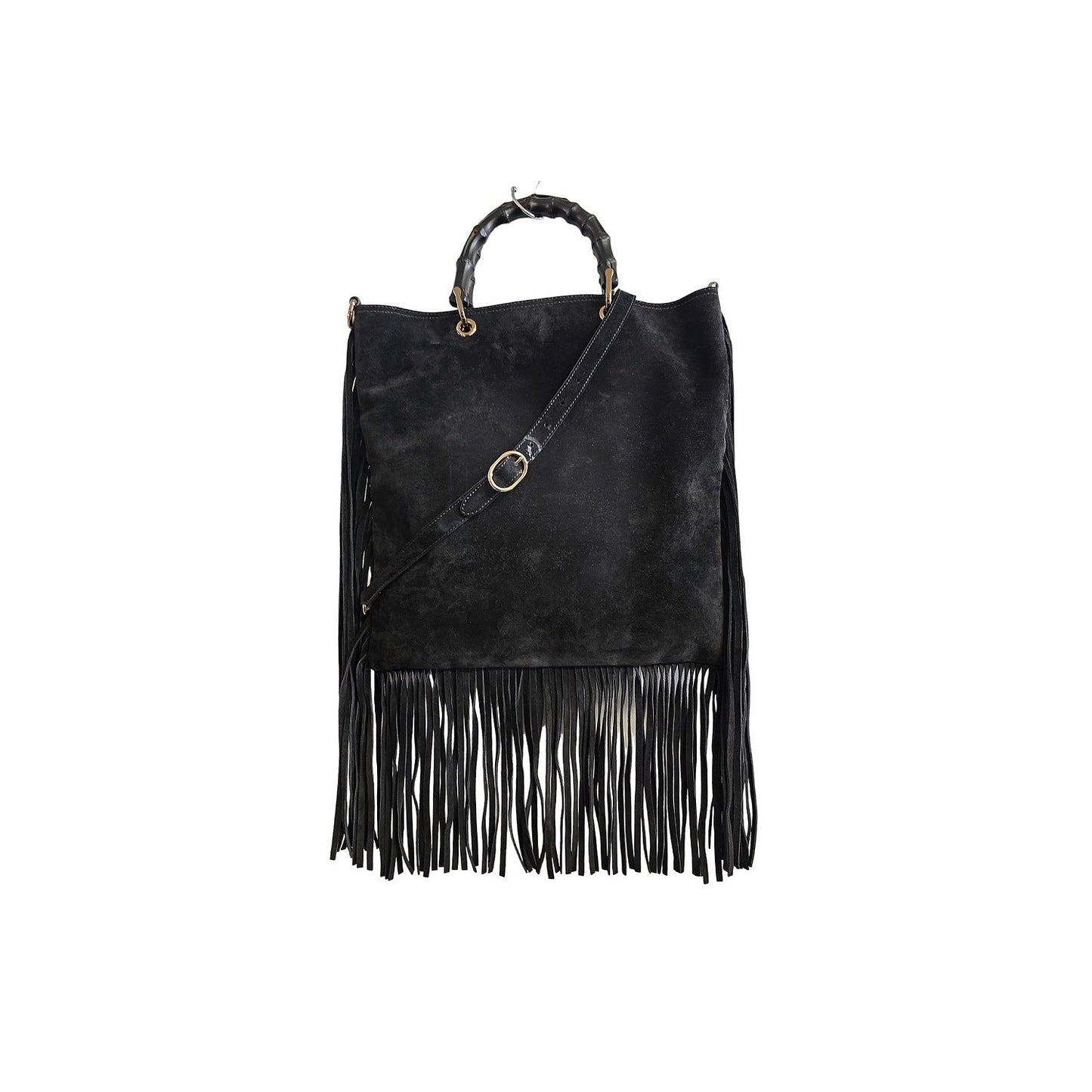 Gucci 2-way Bamboo Handle Black Suede Fringe Hobo Tote Bag