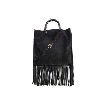 Gucci 2-way Bamboo Handle Black Suede Fringe Hobo Tote Bag