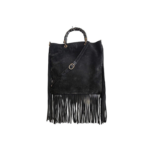 Gucci 2-way Bamboo Handle Black Suede Fringe Hobo Tote Bag