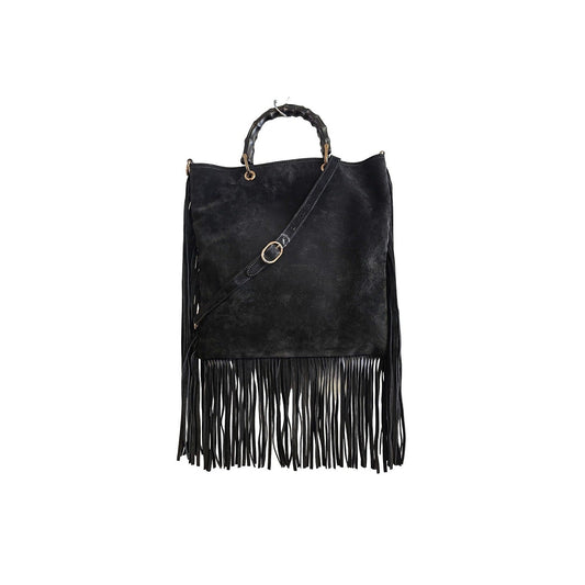 Gucci 2-way Bamboo Handle Black Suede Fringe Hobo Tote Bag