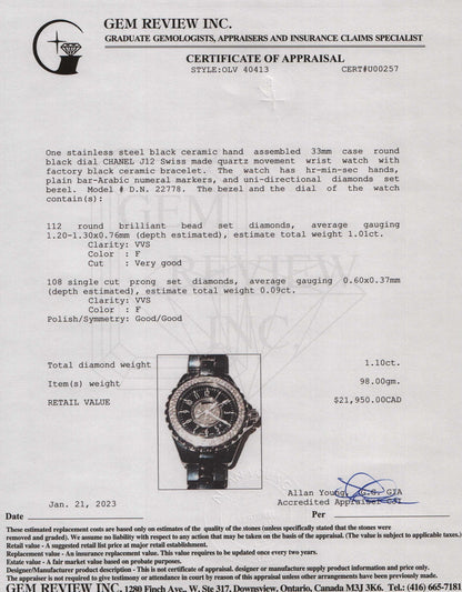 Chanel Black Ceramic Diamond J12 Watch