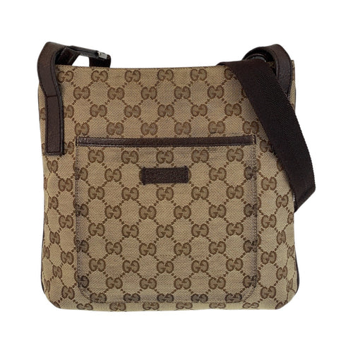Gucci Brown Beige GG Canvas Leather Messenger Bag