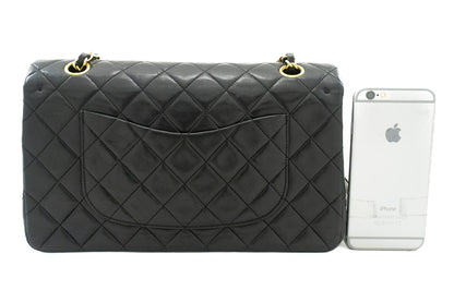 CHANEL Classic Double Flap 10" Chain Shoulder Bag Black Lambskin j92