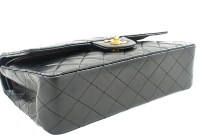 CHANEL Classic Double Flap 10" Chain Shoulder Bag Black Lambskin j92