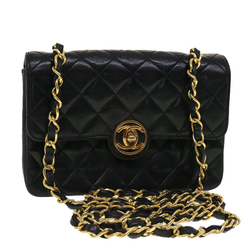 CHANEL Mini Matelasse Chain Shoulder Bag Lamb Skin Black CC 42862A