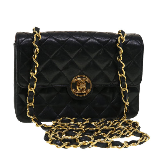 CHANEL Mini Matelasse Chain Shoulder Bag Lamb Skin Black CC 42862A