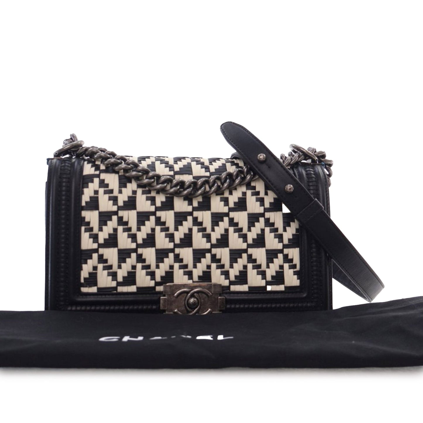 Black Chanel Medium Bicolor Woven Calfskin Boy Flap Shoulder Bag