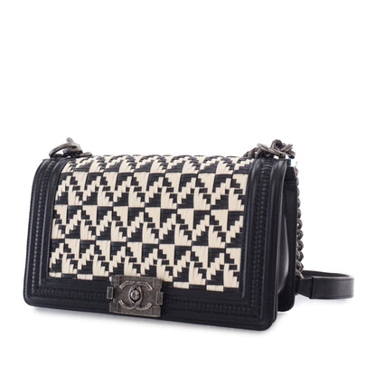 Black Chanel Medium Bicolor Woven Calfskin Boy Flap Shoulder Bag