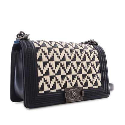 Black Chanel Medium Bicolor Woven Calfskin Boy Flap Shoulder Bag