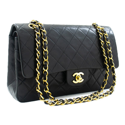 CHANEL Classic Double Flap 10" Chain Shoulder Bag Black Lambskin k03