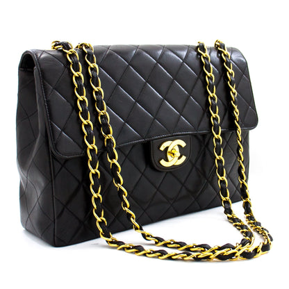CHANEL Jumbo 11" Large Chain Shoulder Bag Flap Black Lambskin Gold f98