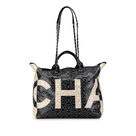 Black Chanel Coated Canvas Camellia Logo Deauville Shopping Tote Satchel