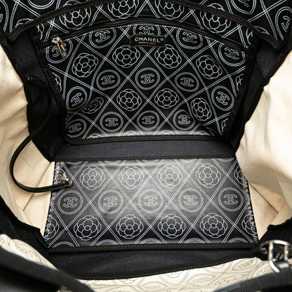 Black Chanel Coated Canvas Camellia Logo Deauville Shopping Tote Satchel